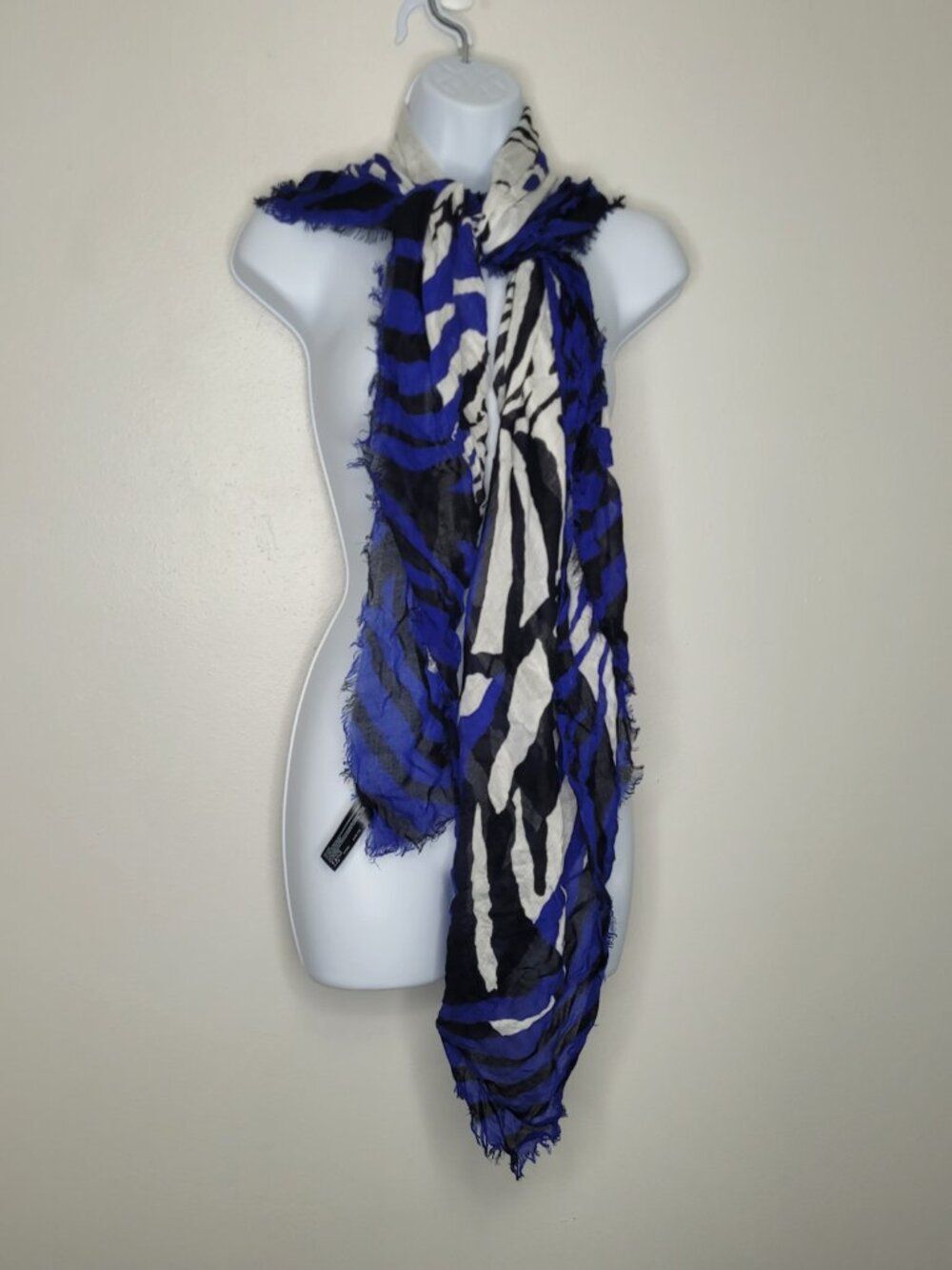 Express blue black white zebra bold print semi sheer scarf raw hem